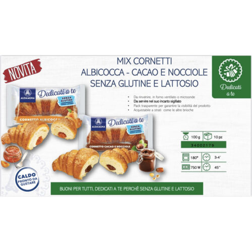 MIX CORNETTI ASSORTITI ALBICOCCA E CACAO E NOCCIOLE SENZA GLUTINE E LATTOSIO